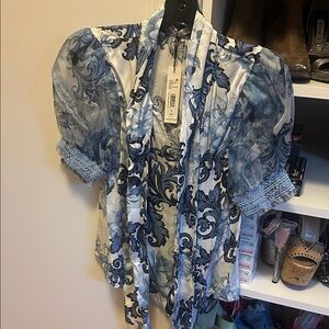 Alice + Olivia Brentley tie neck, Puff sleeve blue/white Blouse